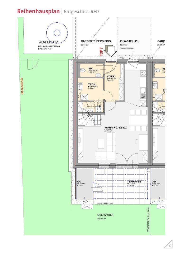 Grundriss des Erdgeschosses eines Reihenhauses mit offenem Wohn-Essbereich und Terrasse.