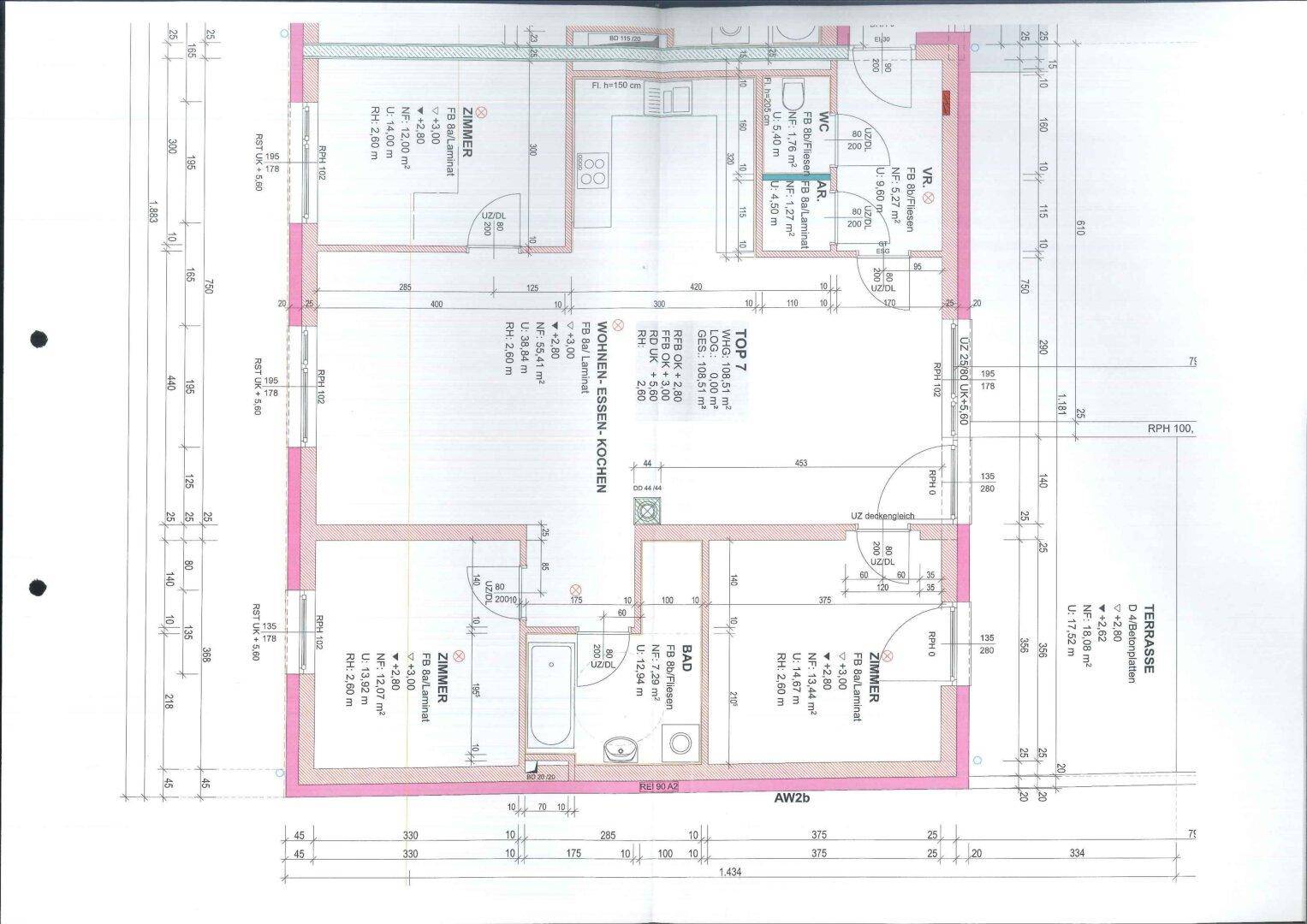 Grundriss einer Wohnung mit offenem Wohn-Essbereich, separatem WC und großer Terrasse.