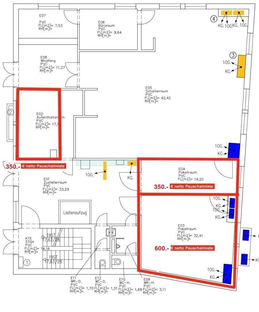 Detaillierter Grundriss mit mehreren Räumen, Lastenaufzug und markierten Mietbereichen.