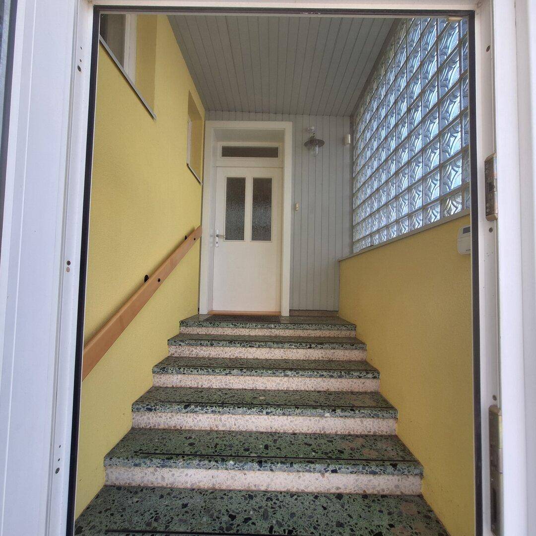 Heller Eingangsbereich mit Treppe, Glasbausteinwand und Zugang zur Haustür.