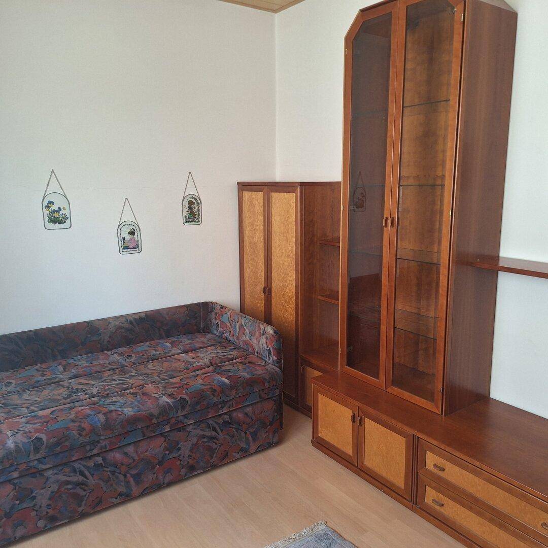 Schlafzimmer mit Schlafsofa und Holzschränken auf hellem Laminatboden.