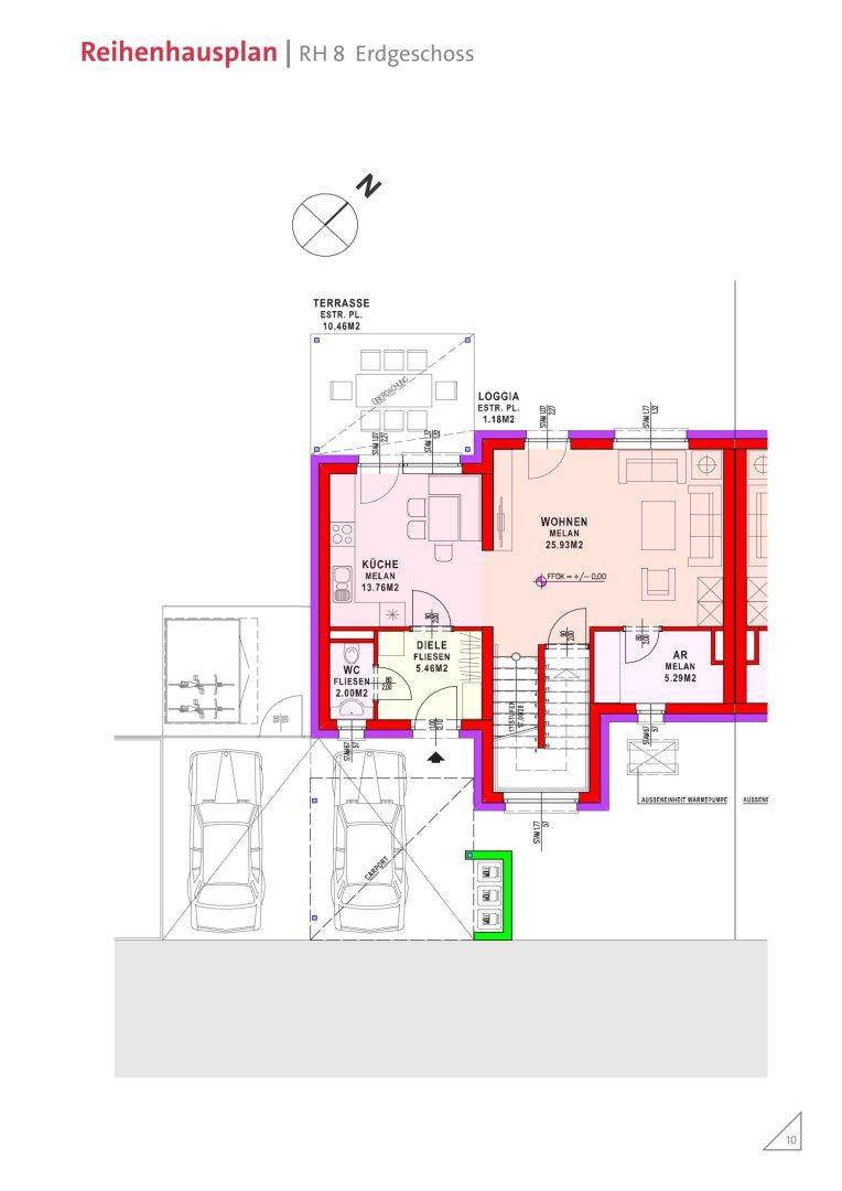 Grundriss des Erdgeschosses mit offener Küche, Wohnbereich, Terrasse und Loggia.
