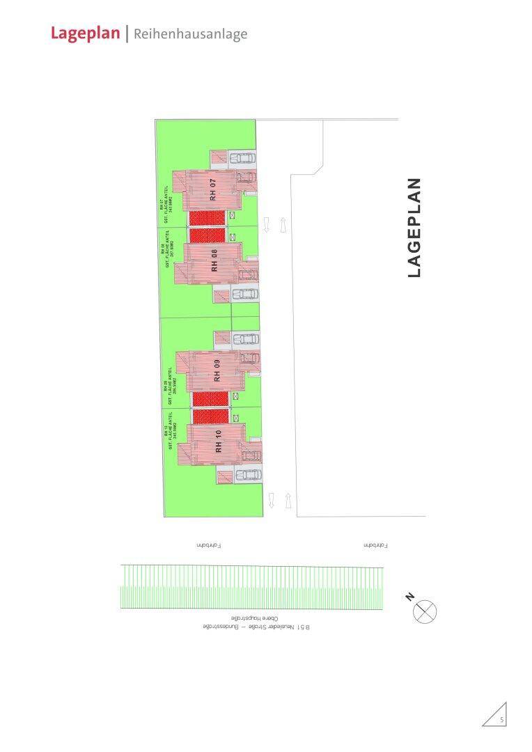 Lageplan der Reihenhausanlage mit Grundstücksgrenzen und Ausrichtung.