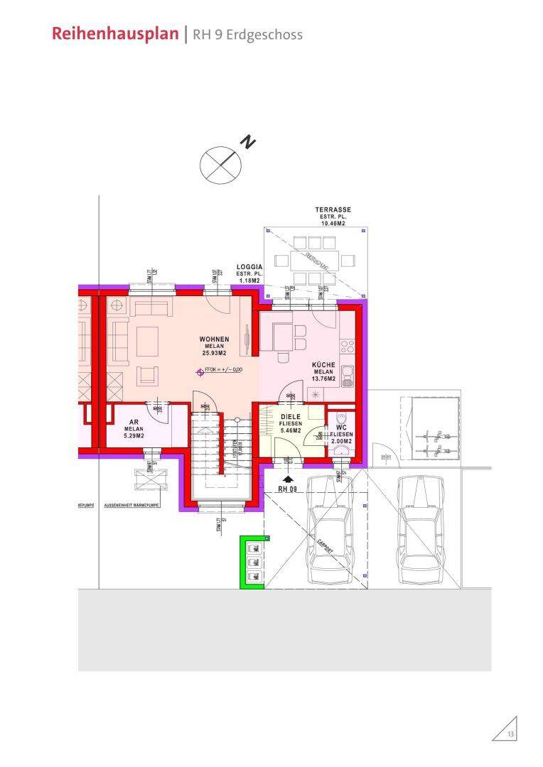 Grundriss des Erdgeschosses mit Wohnbereich, Küche, Gäste-WC, Loggia und Terrasse.
