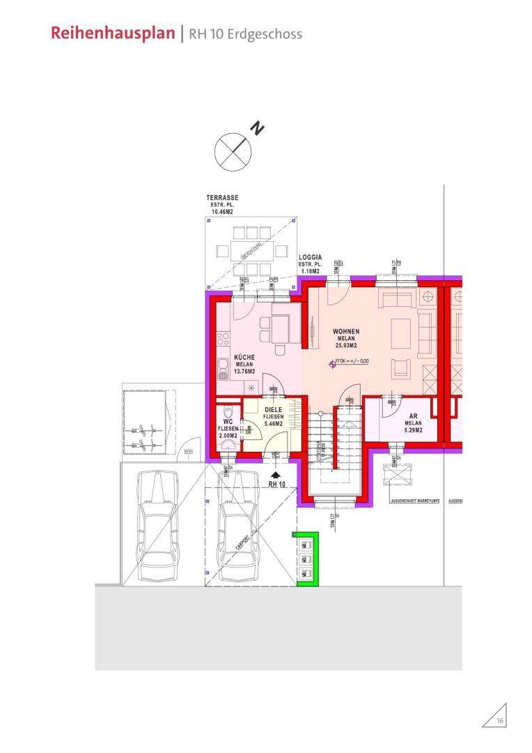 Grundriss des Erdgeschosses von Reihenhaus RH 10 mit Terrasse, Loggia und offenem Wohnbereich.