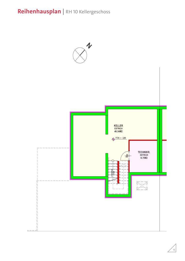 Grundriss des Kellergeschosses von Reihenhaus RH 10 mit großem Kellerraum und Technikraum.