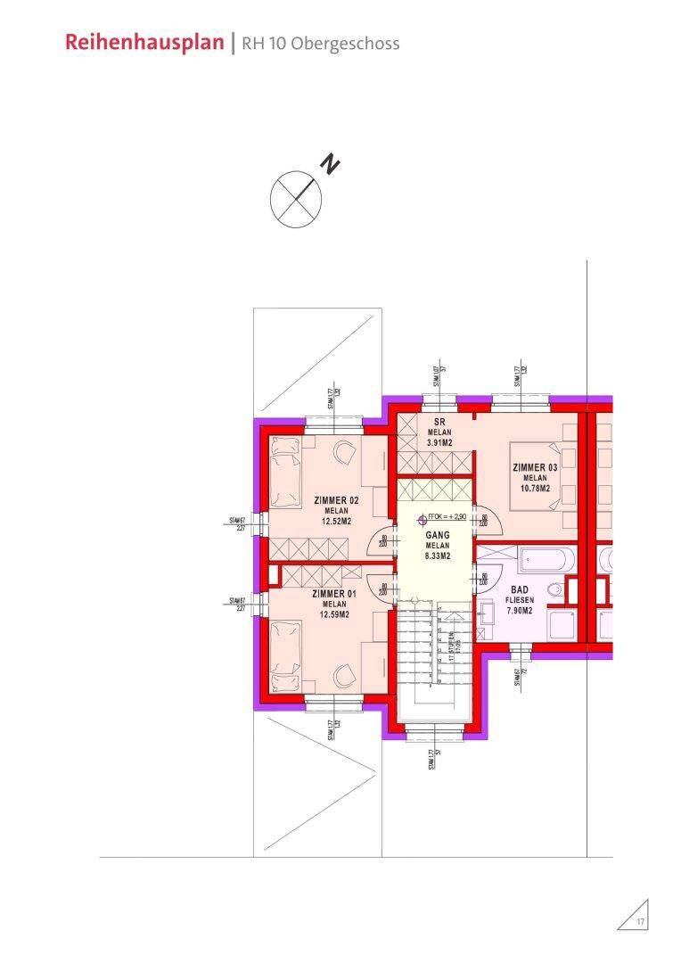 Grundriss des Obergeschosses von Reihenhaus RH 10 mit drei Schlafzimmern und einem Badezimmer.