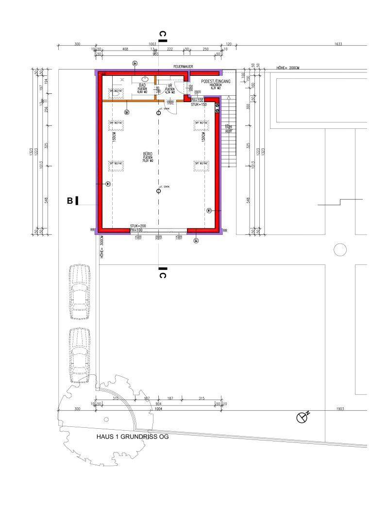 Grundriss des Obergeschosses von Haus 1 mit offenem Wohnbereich und Treppenaufgang.