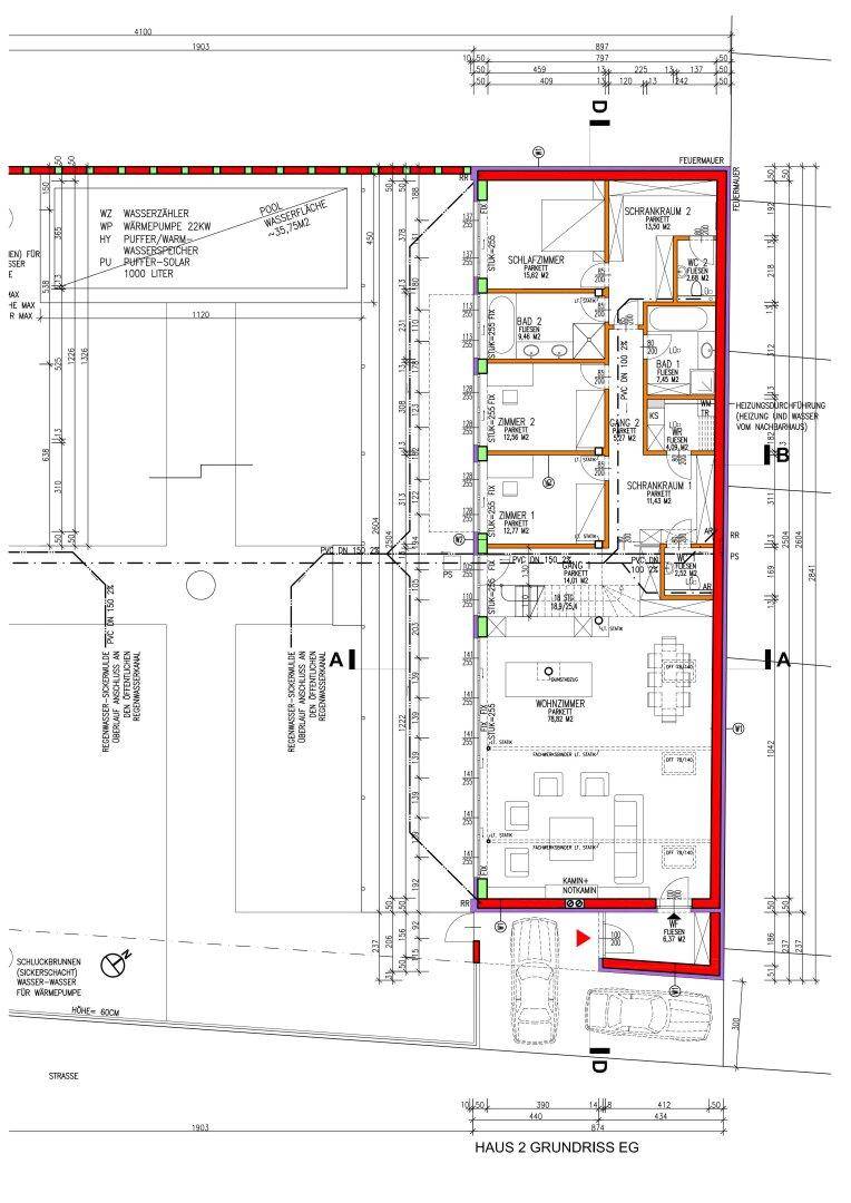 Grundriss des Erdgeschosses von Haus 2 mit Wohnbereich, Küche und Schlafzimmern.