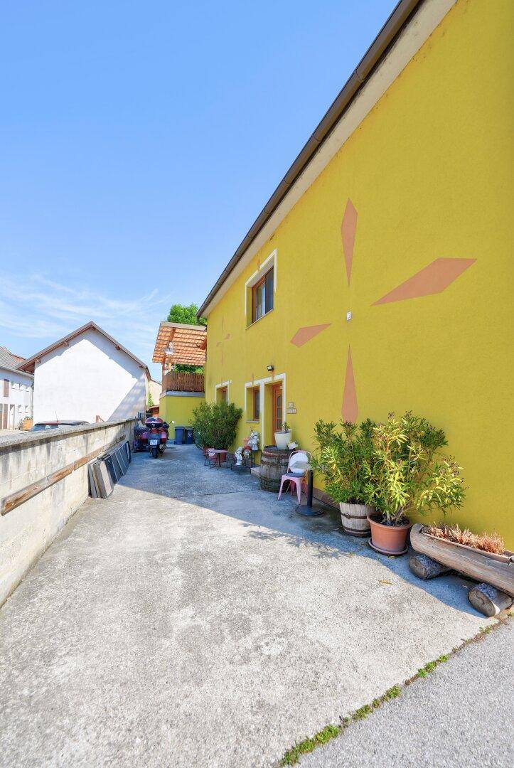 Seitenansicht des gelben Hauses mit Zufahrt und Topfpflanzen entlang der Fassade.