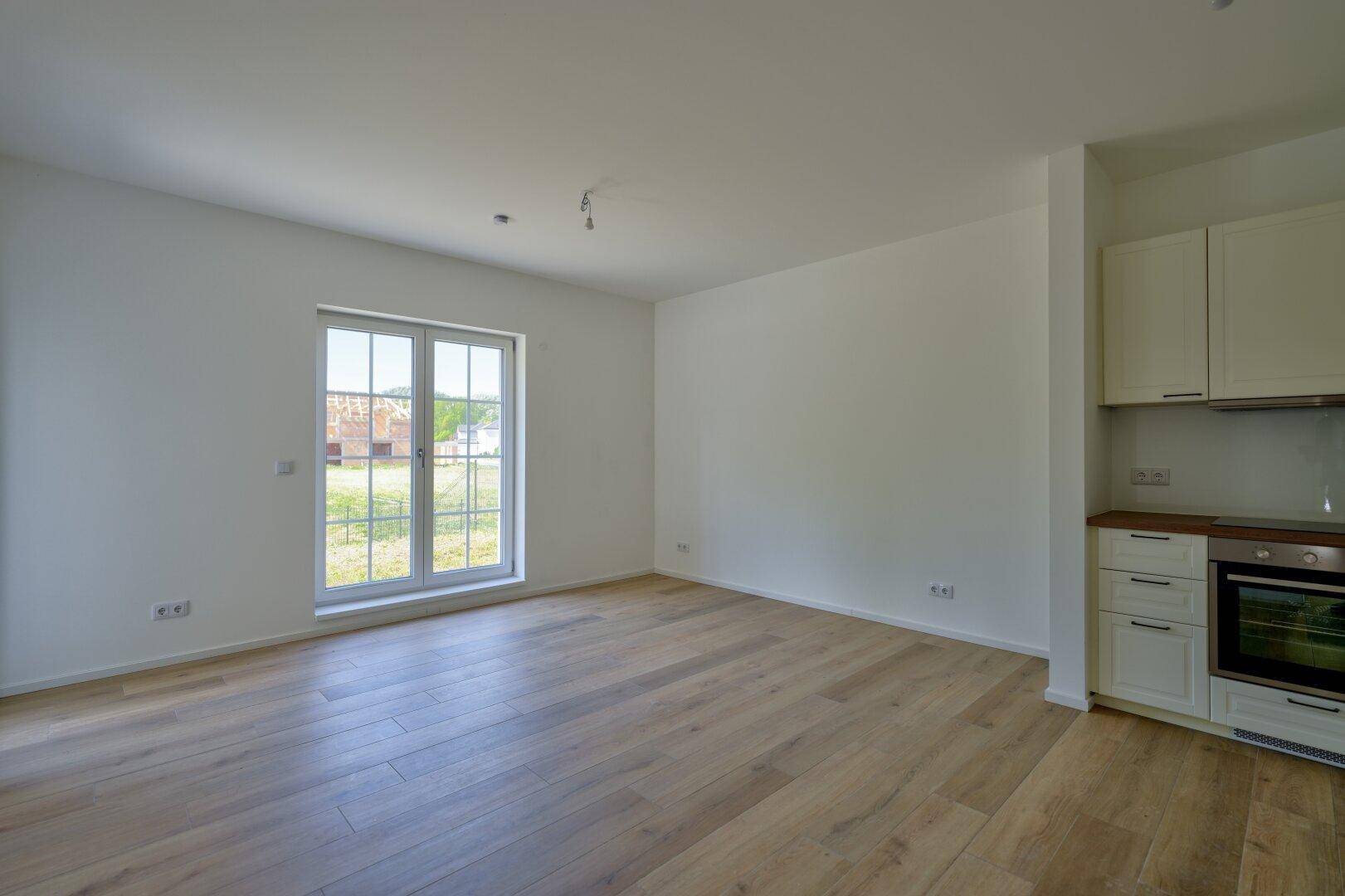 Offener Wohnbereich mit Holzboden und integrierter Küchenzeile, hell und modern gestaltet.