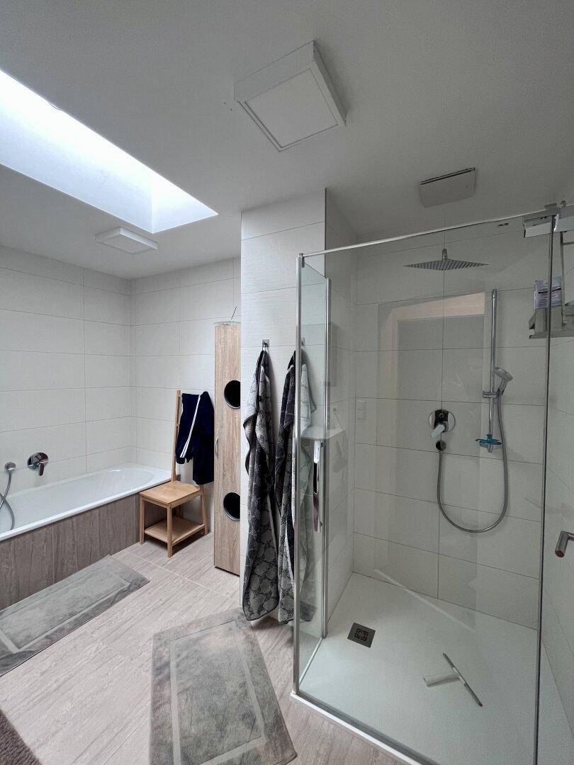 Modernes Badezimmer mit begehbarer Dusche, Badewanne und Oberlicht.
