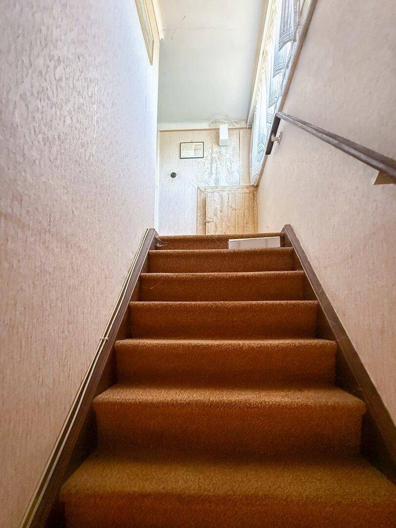 Treppenhaus mit Teppichboden und Handlauf, das in ein oberes Stockwerk führt.