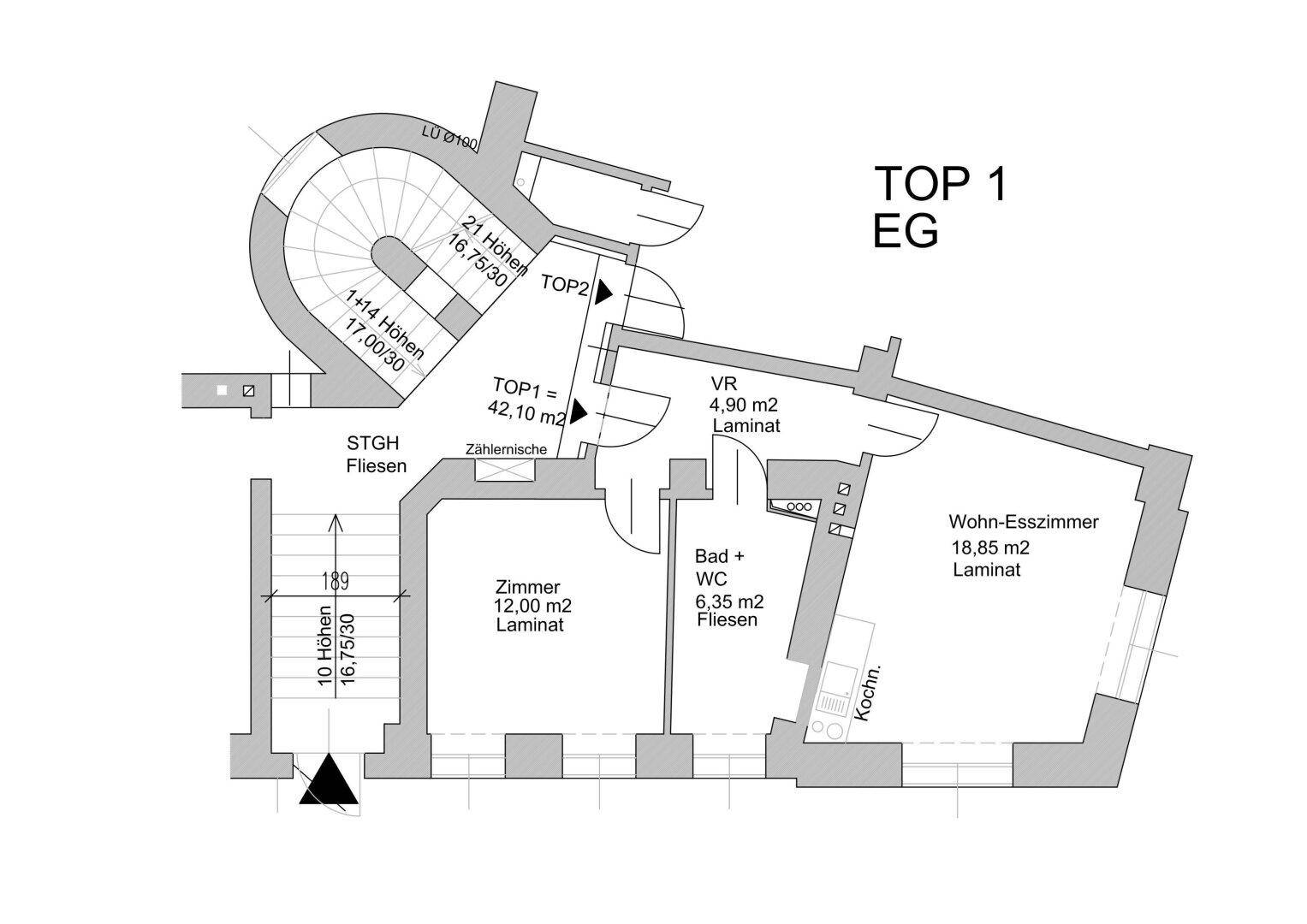 Grundriss für Wohnung Top 1 im Erdgeschoss mit offenem Wohn-Esszimmer, Bad und separatem Zimmer.