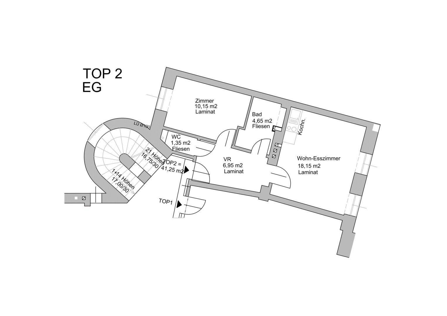 Grundriss für Wohnung Top 2 im Erdgeschoss mit offenem Wohn-Esszimmer, Bad und separatem Zimmer.