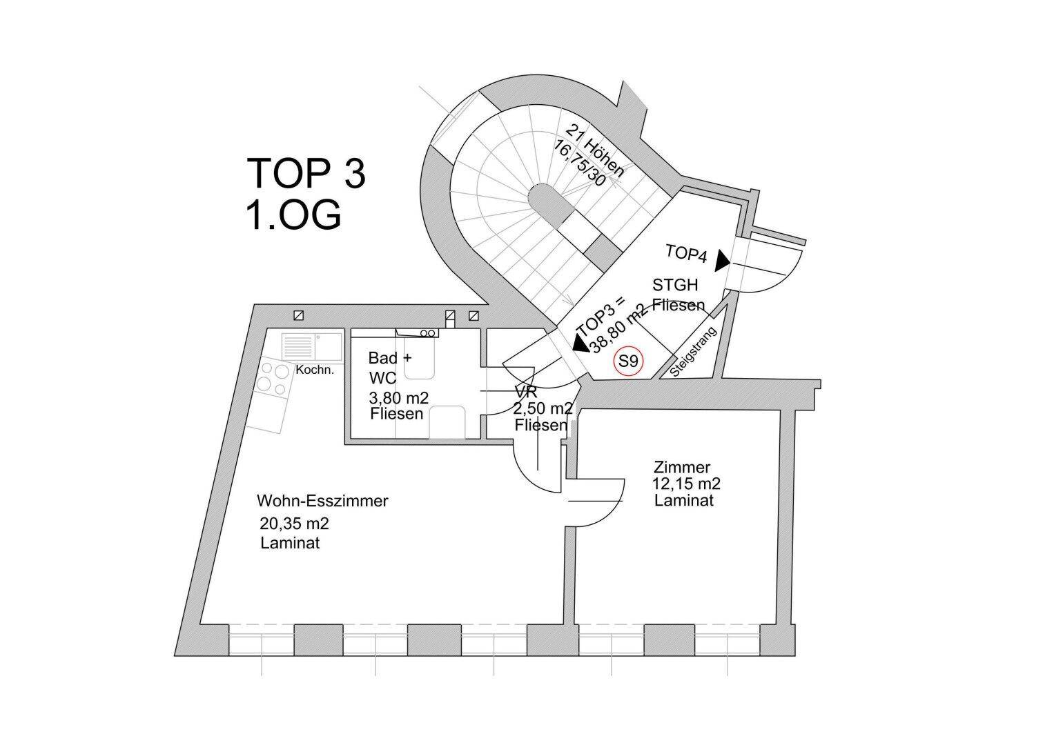 Grundriss für Wohnung Top 3 im ersten Obergeschoss mit offenem Wohn-Esszimmer, Bad und separatem Zimmer.