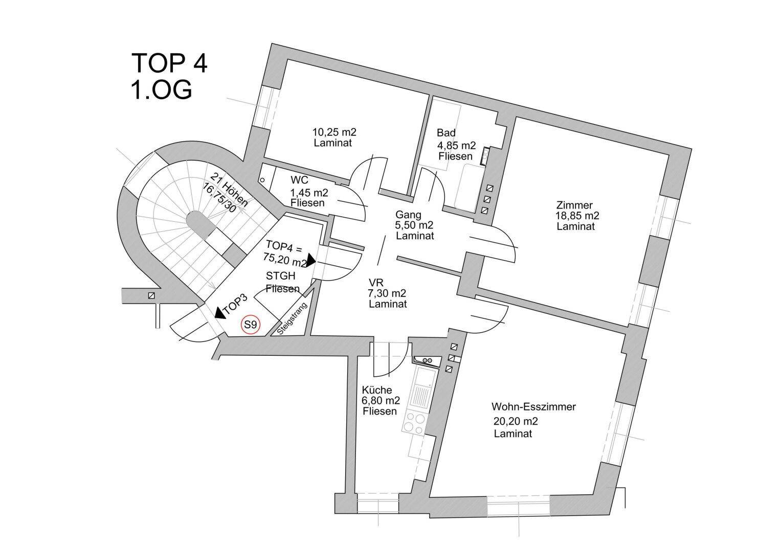 Grundriss für Wohnung Top 4 im ersten Obergeschoss mit Küche, offenem Wohn-Esszimmer und Bad.