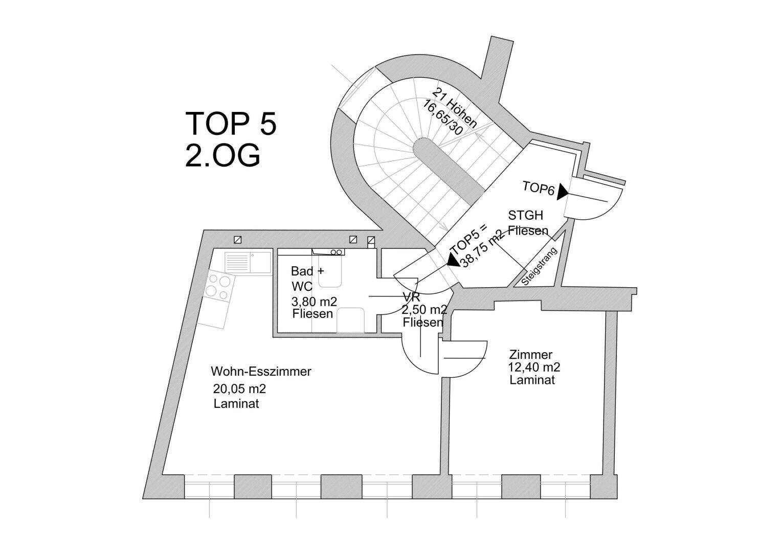 Grundriss für Wohnung Top 5 im zweiten Obergeschoss mit offenem Wohn-Esszimmer, Bad und separatem Zimmer.