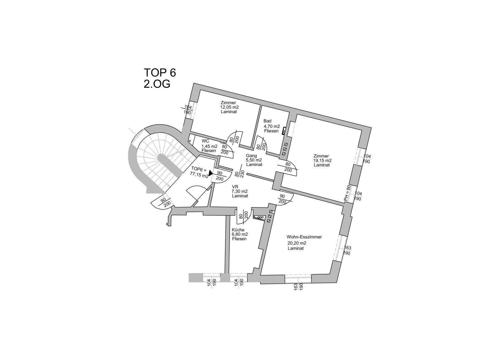 Grundriss für Wohnung Top 6 im zweiten Obergeschoss mit Küche, offenem Wohn-Esszimmer und Bad.