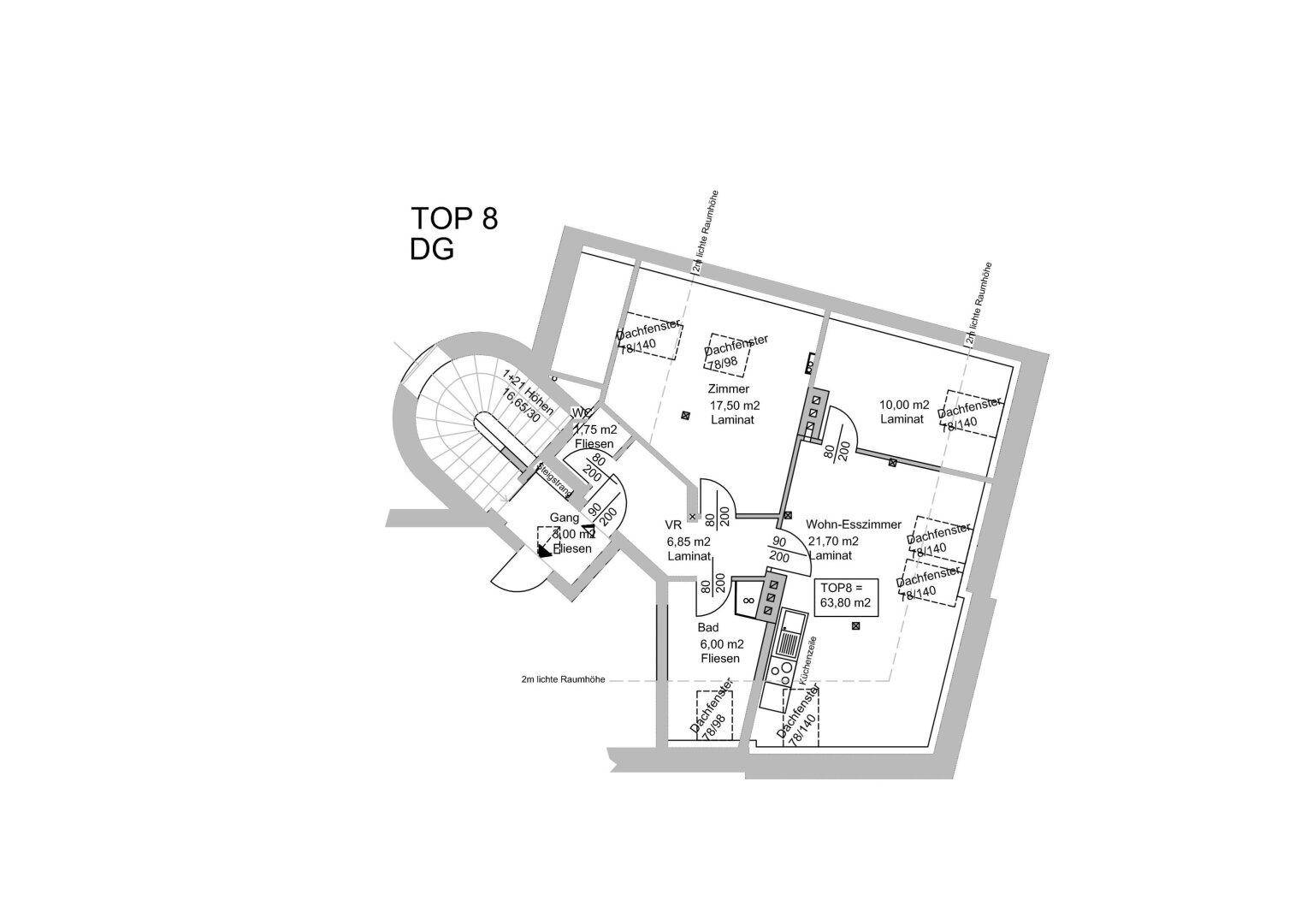 Grundriss für Wohnung Top 8 im Dachgeschoss mit Küche, offenem Wohn-Esszimmer, Bad und Dachschrägen.