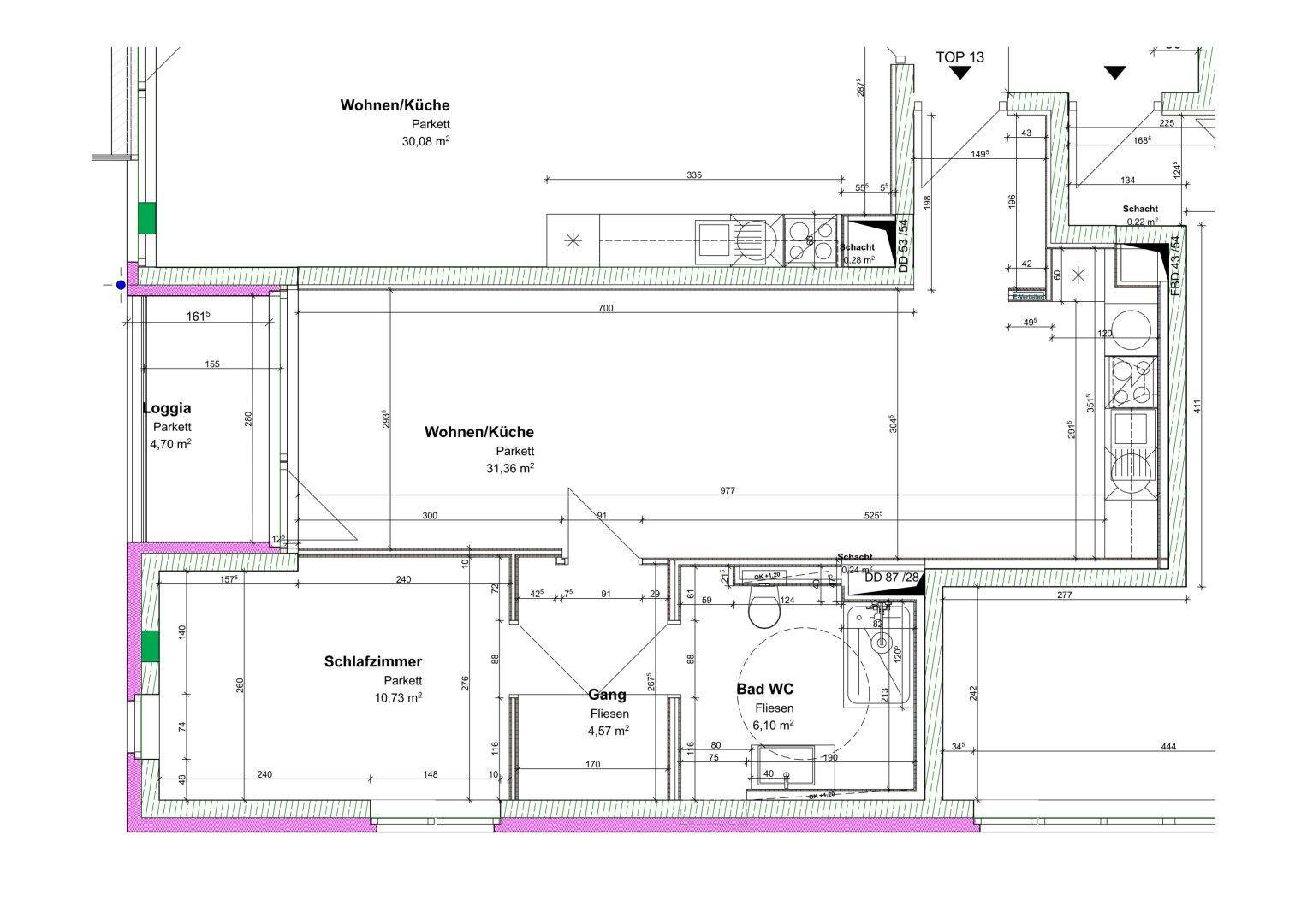 Grundriss einer Wohnung mit offenem Wohn-/Küchenbereich, Schlafzimmer, Bad und Loggia.