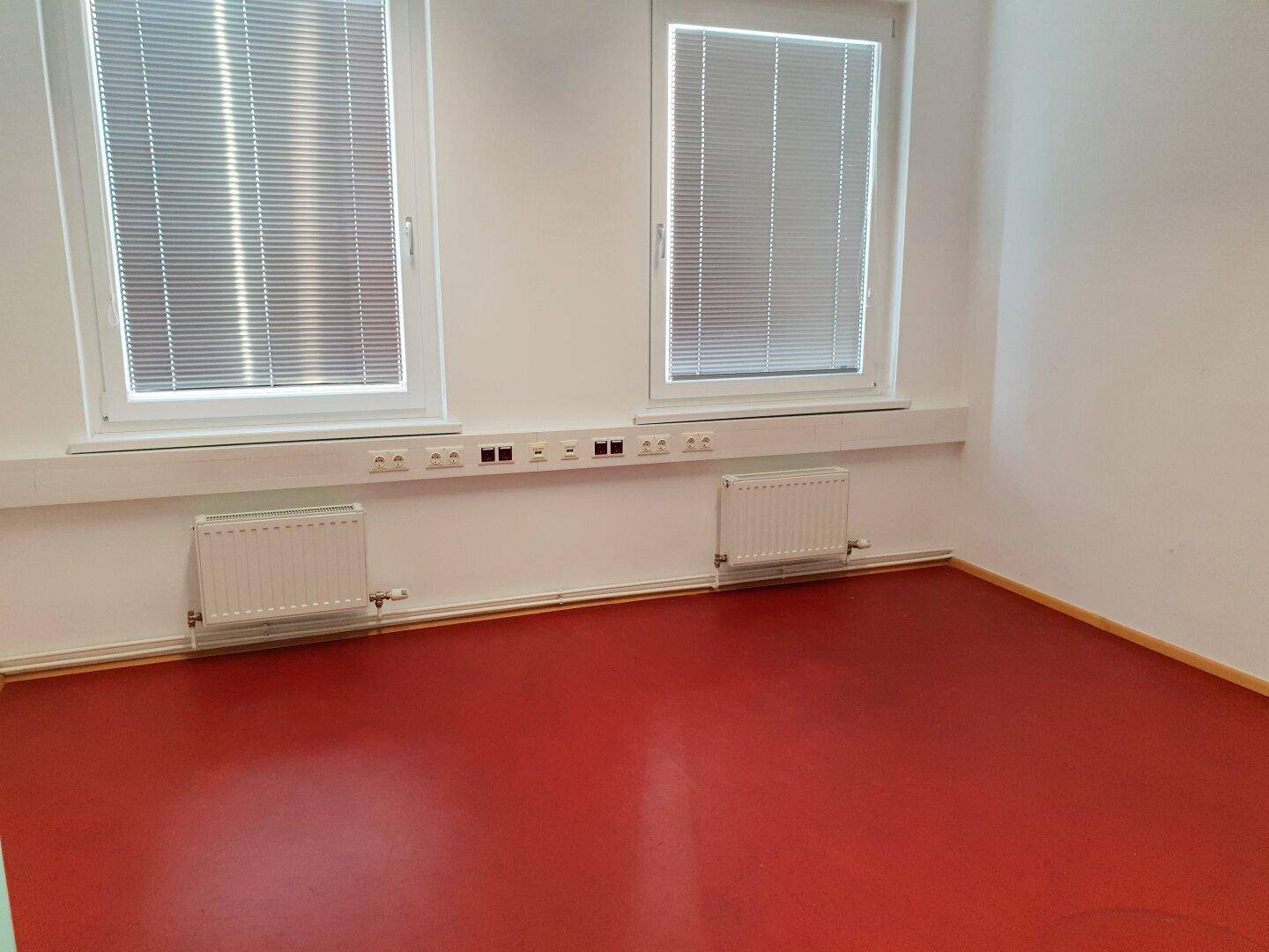 Heller Büroraum mit zwei Fenstern, Heizkörpern und auffälligem rotem Bodenbelag.