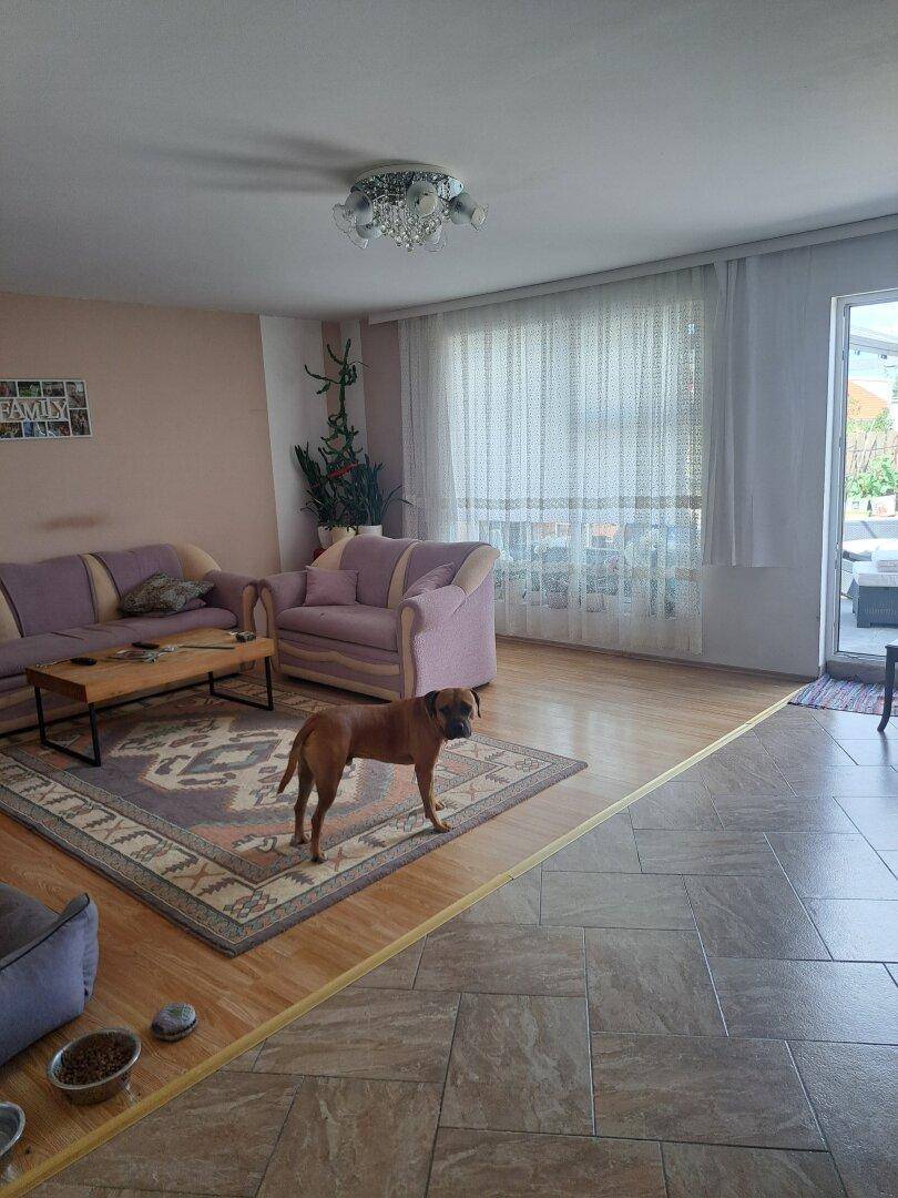 Helles Wohnzimmer mit Parkett- und Fliesenboden, lila Sofa und Zugang zu einem Außenbereich.