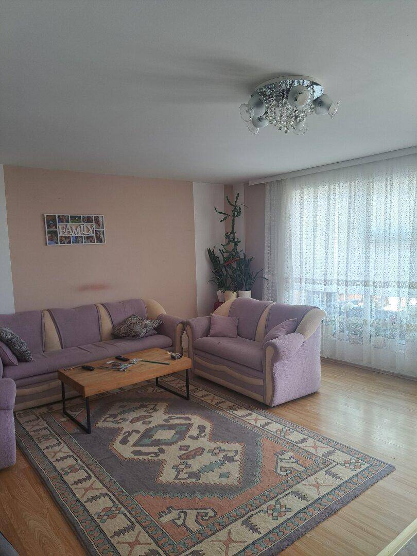 Helles Wohnzimmer mit Parkettboden, lila Sofa und einem großen Fenster mit Vorhängen.