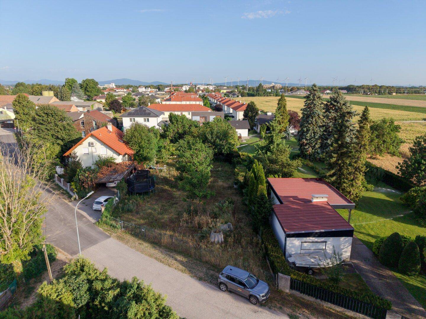 Luftaufnahme einer Wohnsiedlung mit Einfamilienhäusern, Gärten und angrenzenden Feldern unter blauem Himmel.