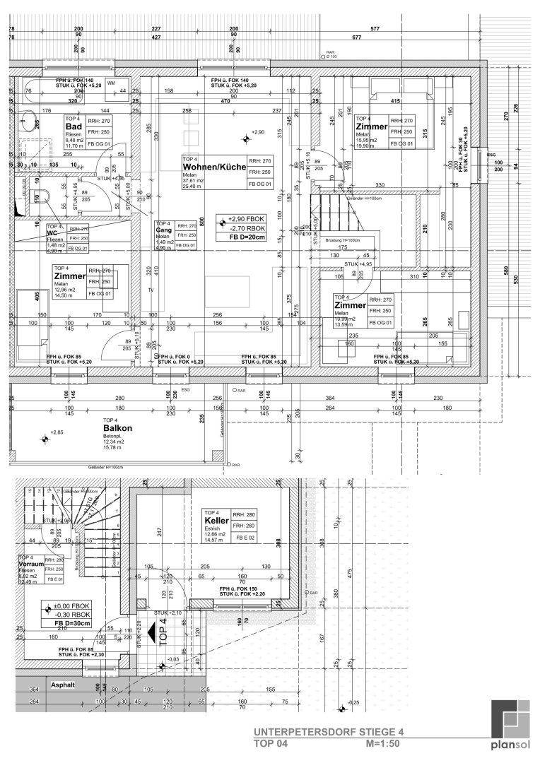 Detaillierter Grundriss mit offenem Wohn-/Küchenbereich, zwei Bädern, Zimmern, Balkon und Keller.