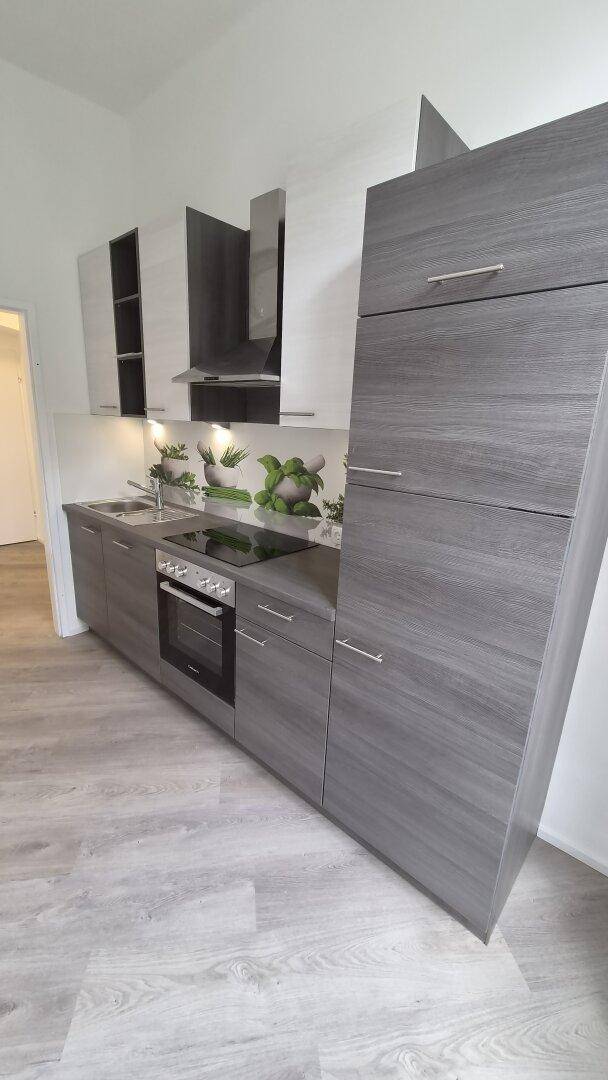 Moderne Einbauküche mit grauen Holzfronten, Induktionskochfeld und integriertem Backofen.