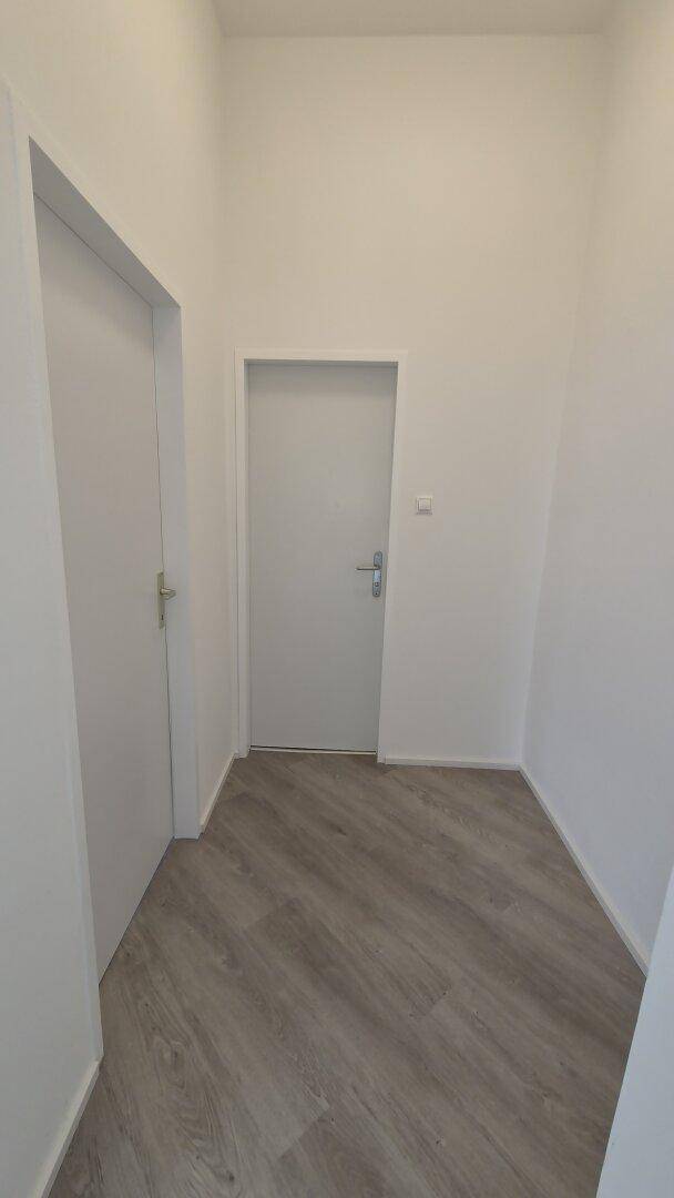 Heller Flur mit weiß gestrichenen Wänden und modernem Laminatboden.