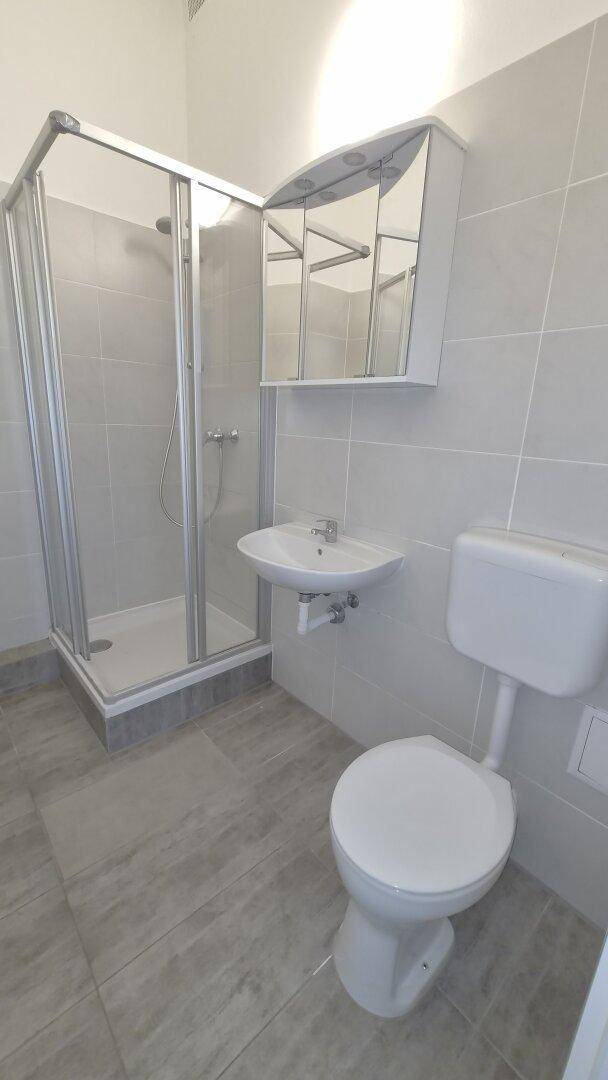 Modernes Badezimmer mit grauen Fliesen, Duschkabine, WC und Waschbecken.