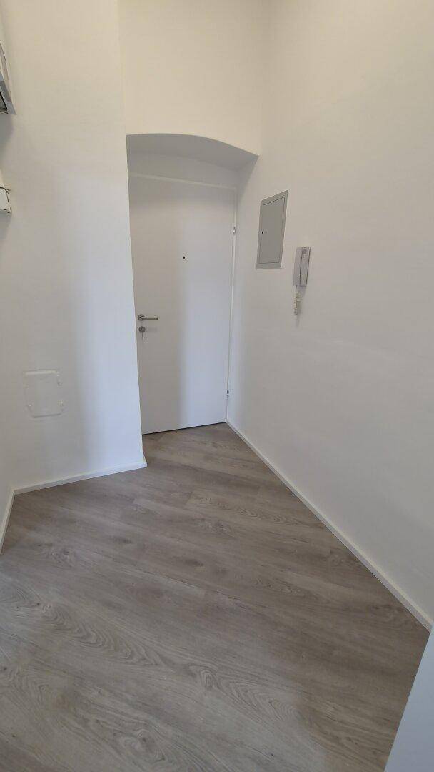 Eingangsbereich mit heller Gestaltung, Laminatboden und Gegensprechanlage.