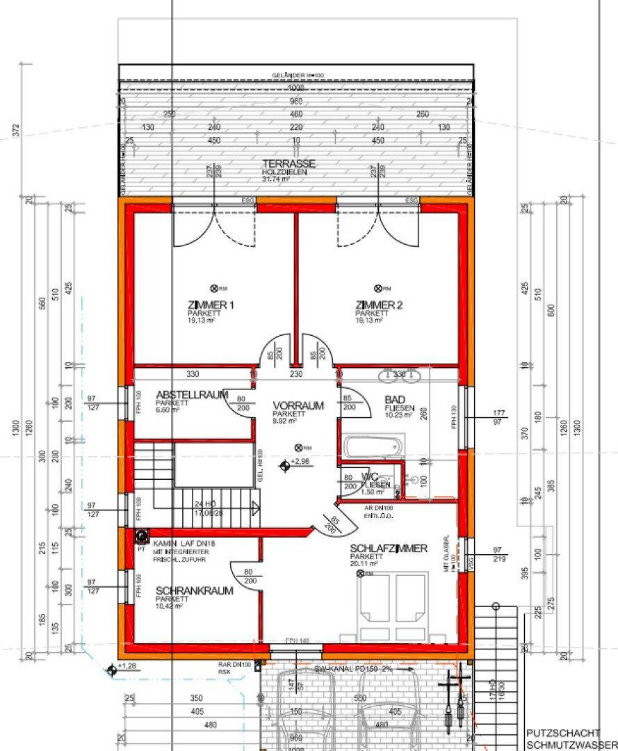Grundriss des Obergeschosses mit drei Schlafzimmern, Badezimmer und Abstellraum.