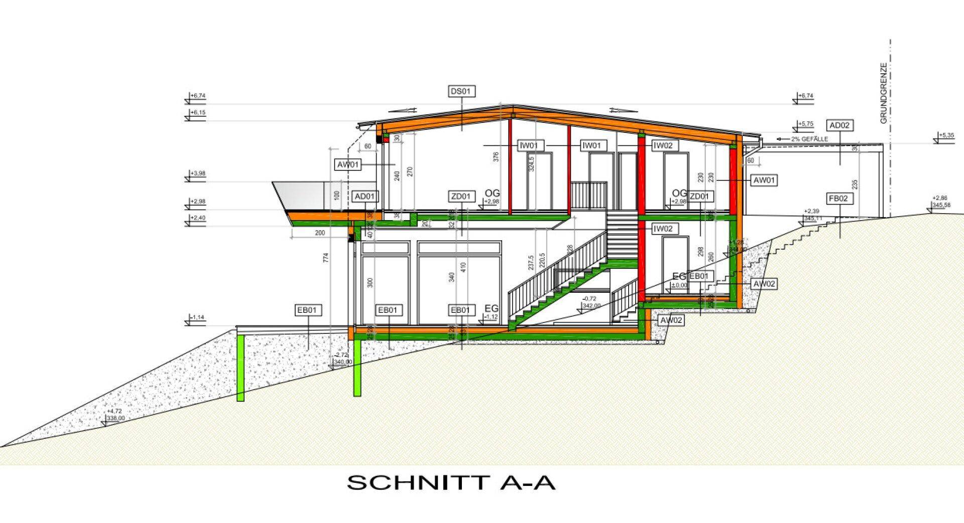 Architektonischer Schnittplan des Hauses mit verschiedenen Ebenen.