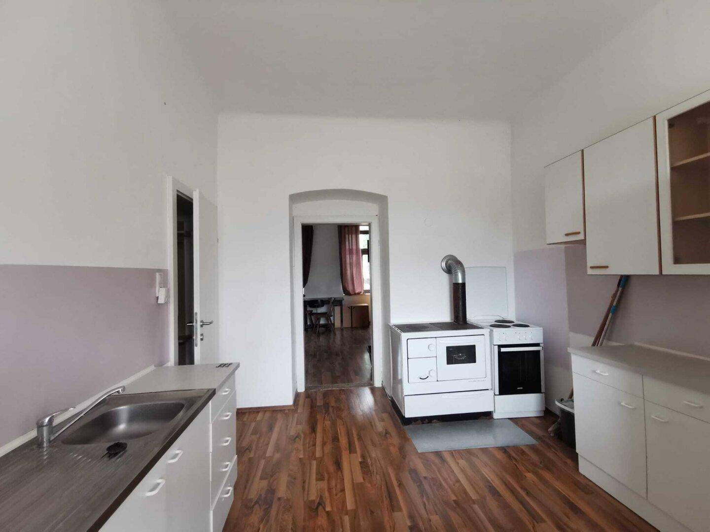 Küche mit weißen Schränken, Spüle, traditionellem Holzofen und modernem Elektroherd.