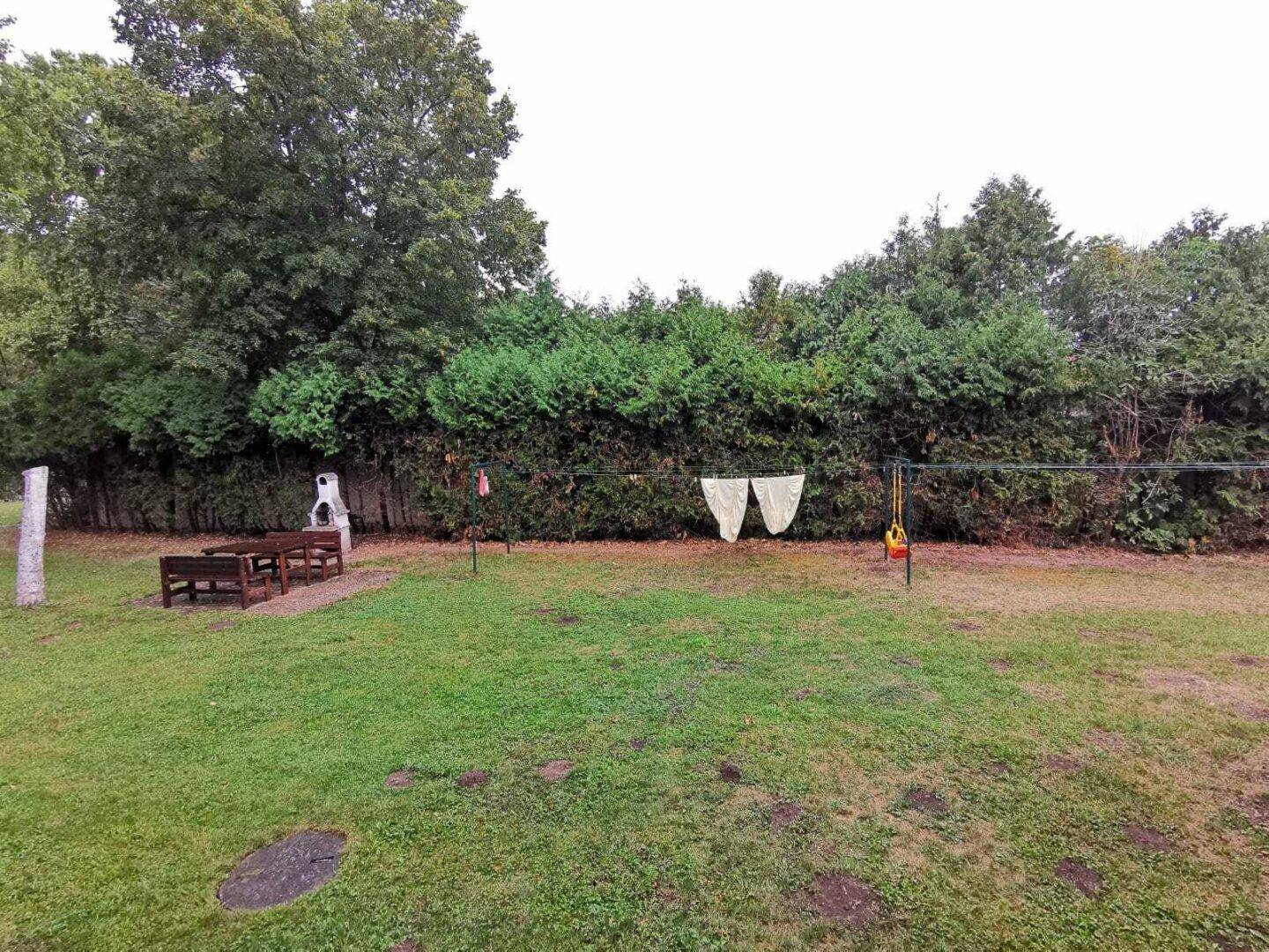 Gemeinschaftsgarten mit Grillplatz, Sitzgelegenheiten und Wäscheleine.