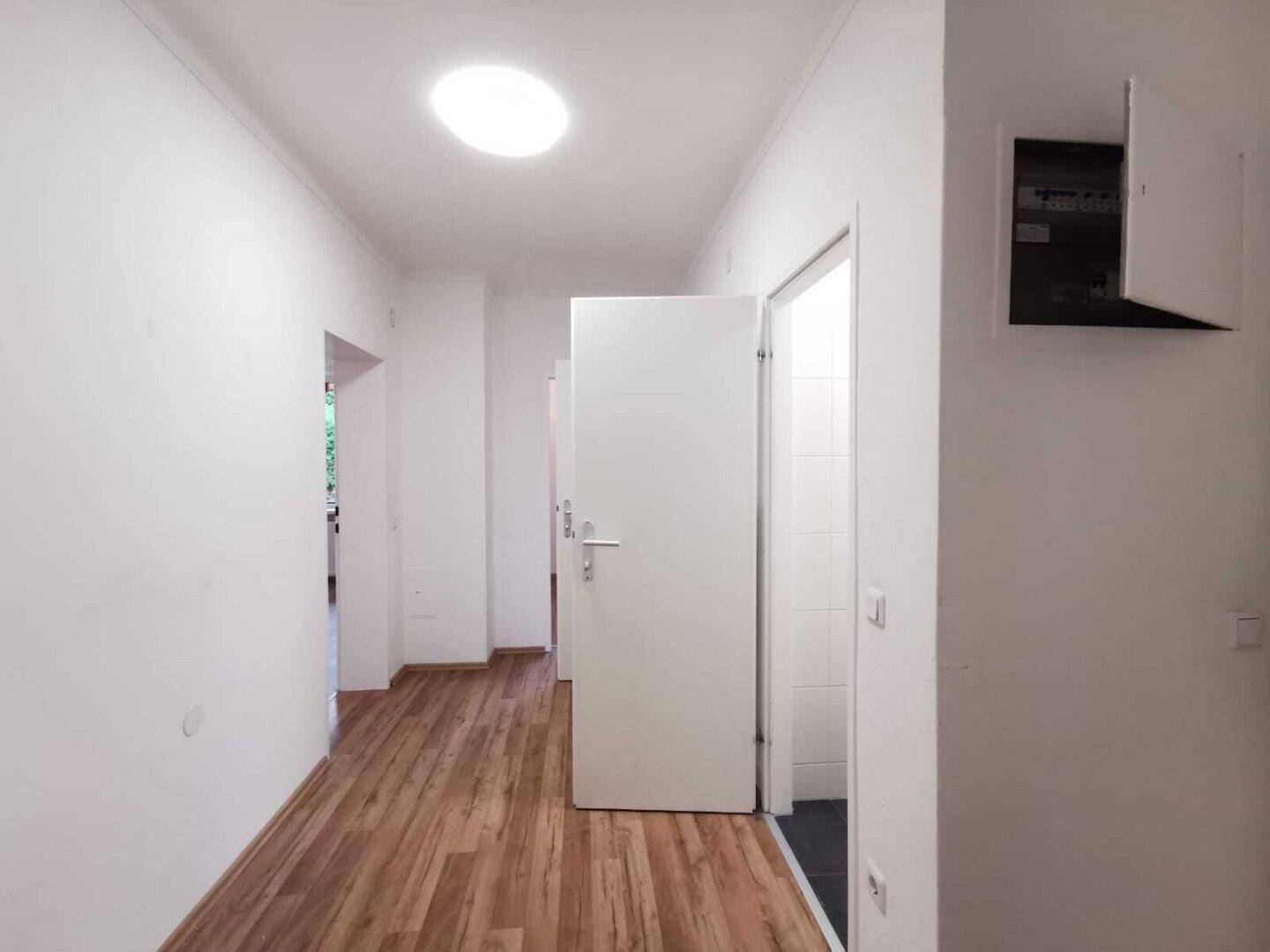 Heller Flur mit Laminatboden und moderner Deckenleuchte, führt zu weiteren Räumen.