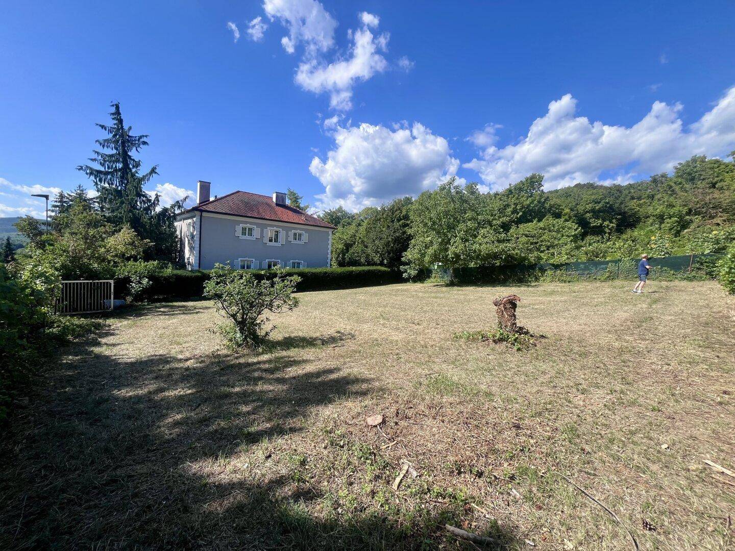 Weitläufiges Gartengrundstück mit altem Baumbestand und einem Haus im Hintergrund.