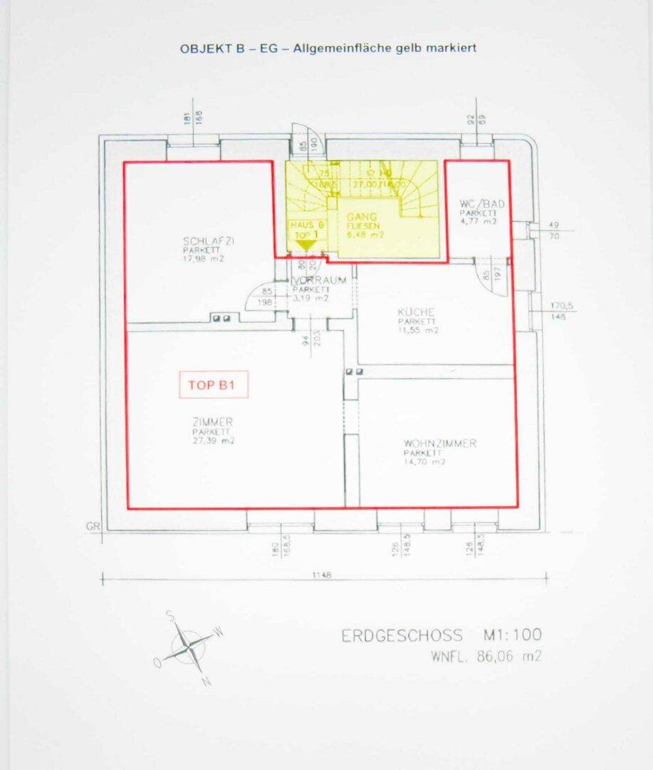 Grundriss des Erdgeschosses von Objekt B mit Schlafzimmer, Bad, Küche und Wohnzimmer.