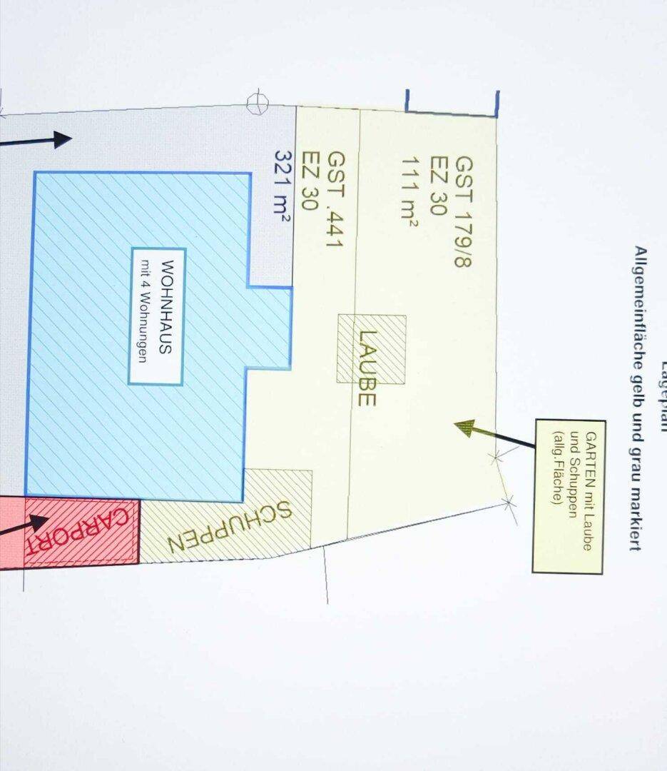 Lageplan des Grundstücks mit Wohnhaus, Carport, Schuppen, Laube und Gartenflächen.