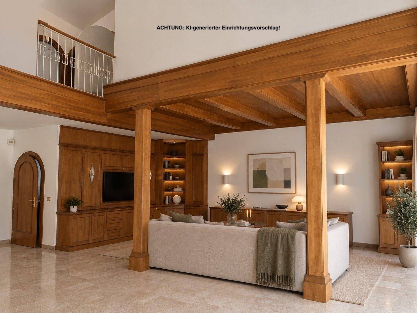 Gemütliches Wohnzimmer mit Holzbalken, Einbauschränken und moderner Einrichtung.