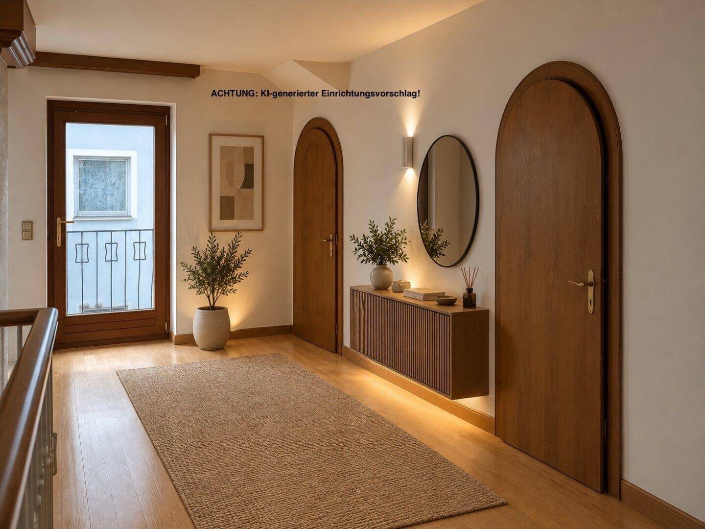 Heller Flur mit Holzboden, eleganten Rundbogentüren und modernem Wandspiegel.