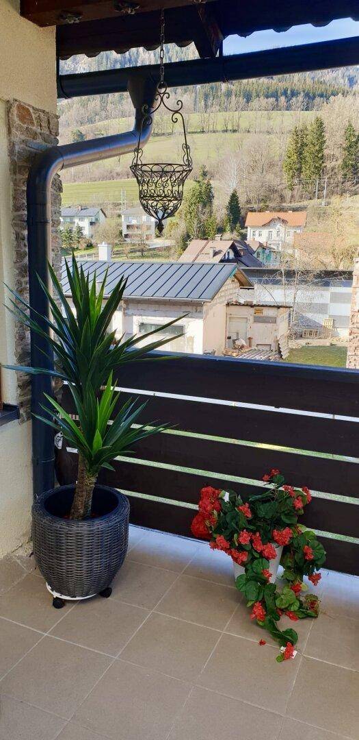 Balkon mit Pflanzen und Blick auf die umliegende Landschaft und Häuser.