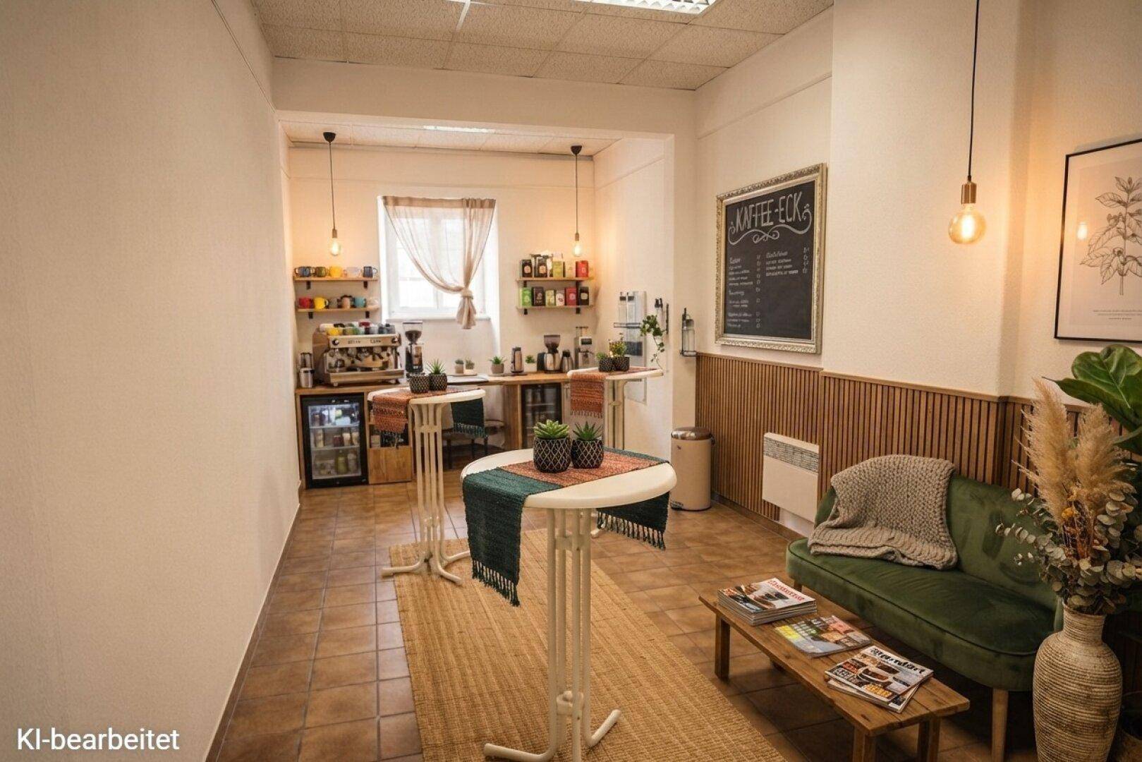 Gemütliche Kaffeelounge mit Sitzbereich, kleiner Küchenzeile und modernen Dekorationselementen.