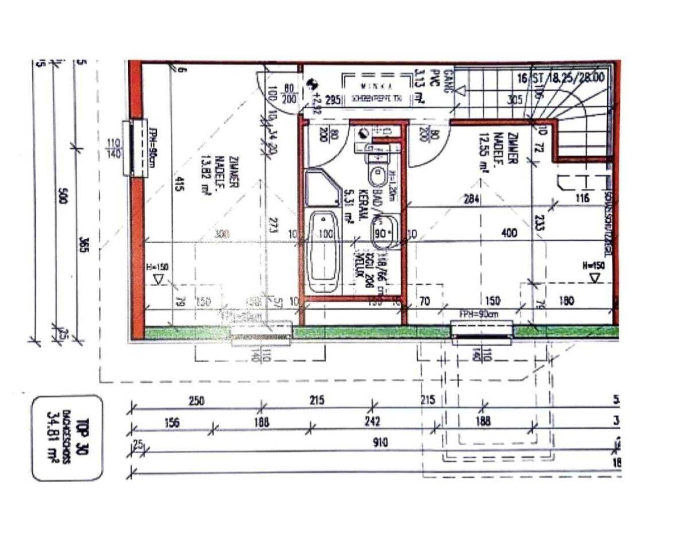 Grundriss des Obergeschosses mit Schlafzimmern, Bad und Dachschrägen.