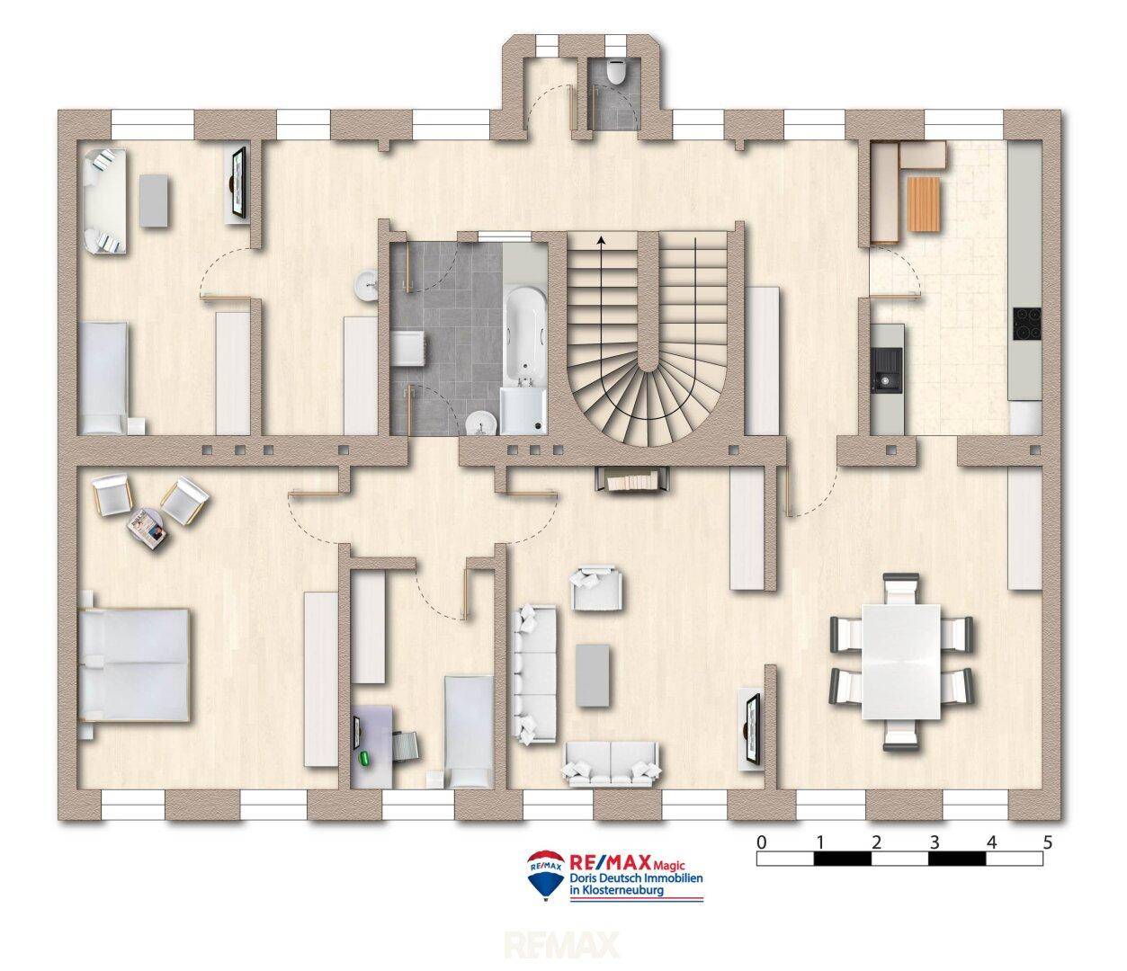 Detaillierter Grundriss einer Etage mit mehreren Zimmern, separater Küche, Bad, Gäste-WC und Wendeltreppe.