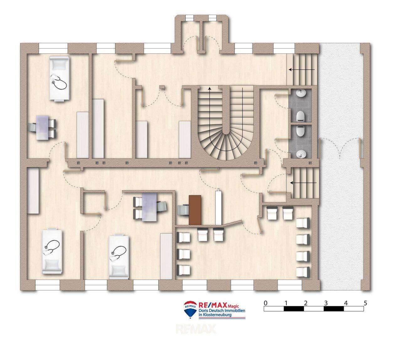 Grundriss des Obergeschosses mit mehreren Zimmern und einer Wendeltreppe.