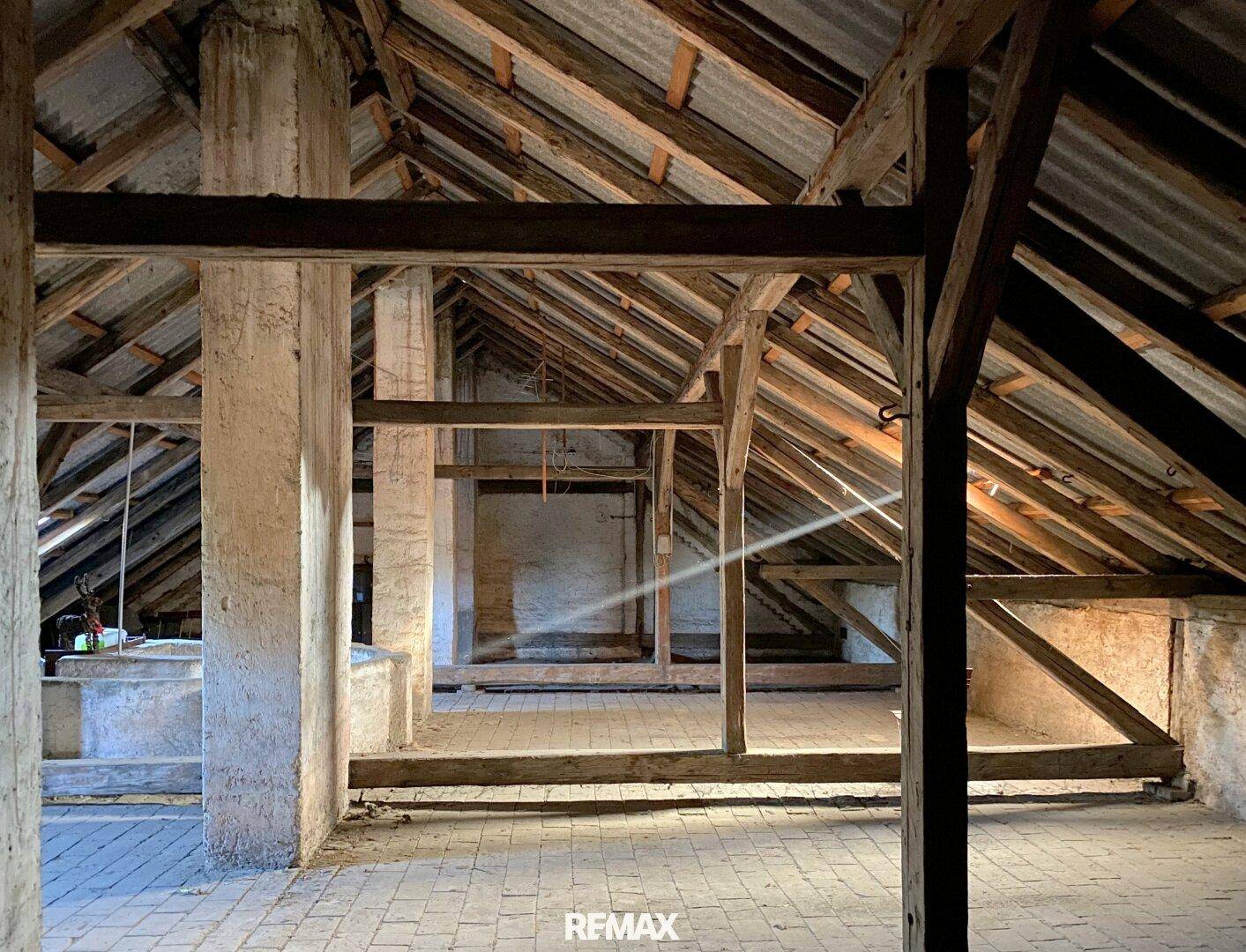 Großer Dachboden mit Holzdachstuhl und viel natürlichem Licht durch Dachfenster.
